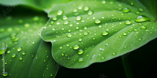 Beautiful water drops after rain on green leaf. Droplets Dance: Close-Up Image of Dew on Leaf Surface