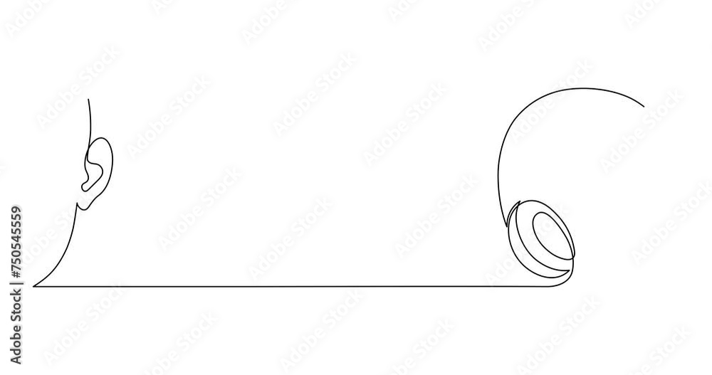 Headphones and ear one line art animation,hand drawn hearing device gadget continuous contour motion.Listening music wireless online concept,technology for audition outline.4k self-drawing movie Headphones and ear one line art animation,hand drawn hearing device gadget continuous contour motion.Listening music wireless online concept,technology for audition outline.4k self-drawing movie