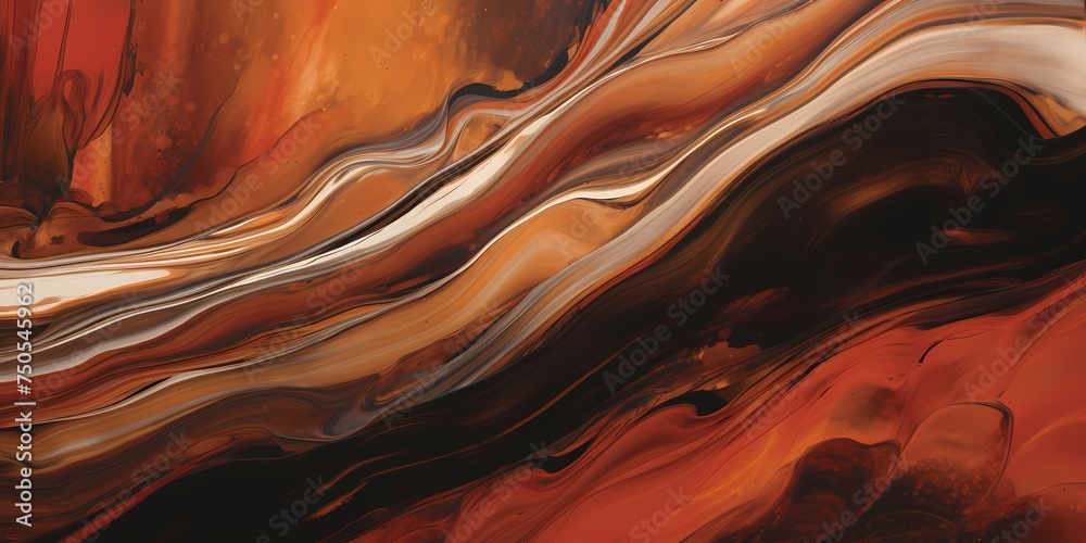 Papier peint photo avec Waves of russet and cocoa cascade in graceful arcs, capturing the mesmerizing allure of molten copper and molasses hues mingling in an abstract, dreamlike landscape. #750545962