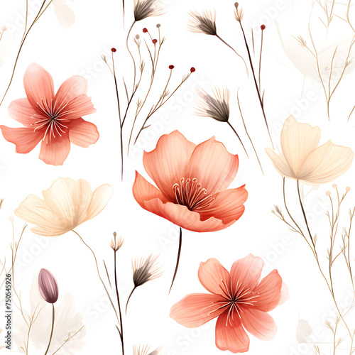 Watercolor flowers seamless pattern. Beautiful delicate background with golden lines. © alia.kurianova