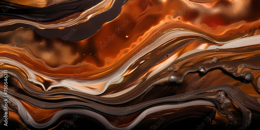 Waves of russet and cocoa cascade in graceful arcs, capturing the mesmerizing allure of molten copper and molasses hues mingling in an abstract, dreamlike landscape. - obrazy, fototapety, plakaty 
