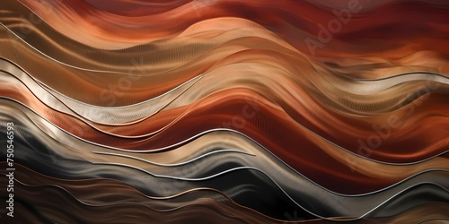 Waves of russet and cocoa cascade in graceful arcs, capturing the mesmerizing allure of molten copper and molasses hues mingling in an abstract, dreamlike landscape.