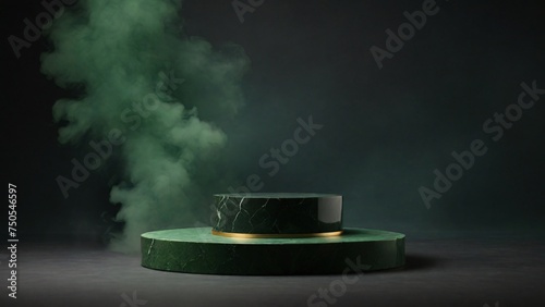 empty dark green podium with smoke isolated on dark green background