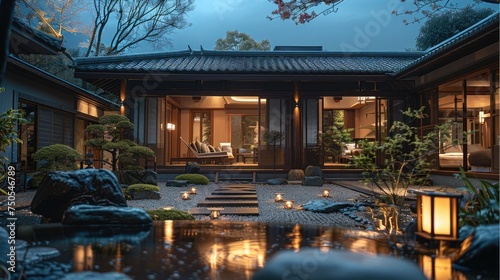 A Japanese home with a large stone courtyard and a small pond. The courtyard is lit by lanterns and the house is surrounded by trees. Generative AI. © visoot