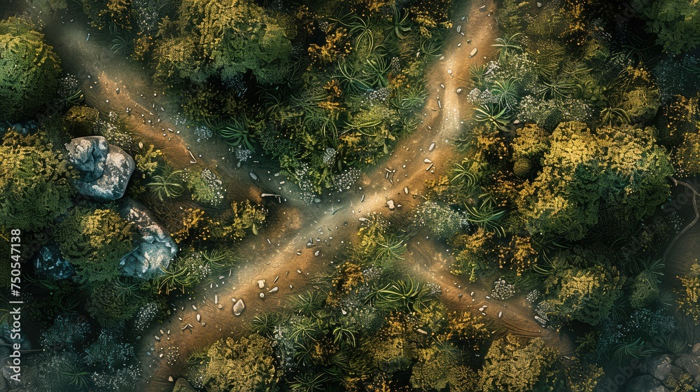 Top view illustration of dirt pathways through a meadow. Generative AI.