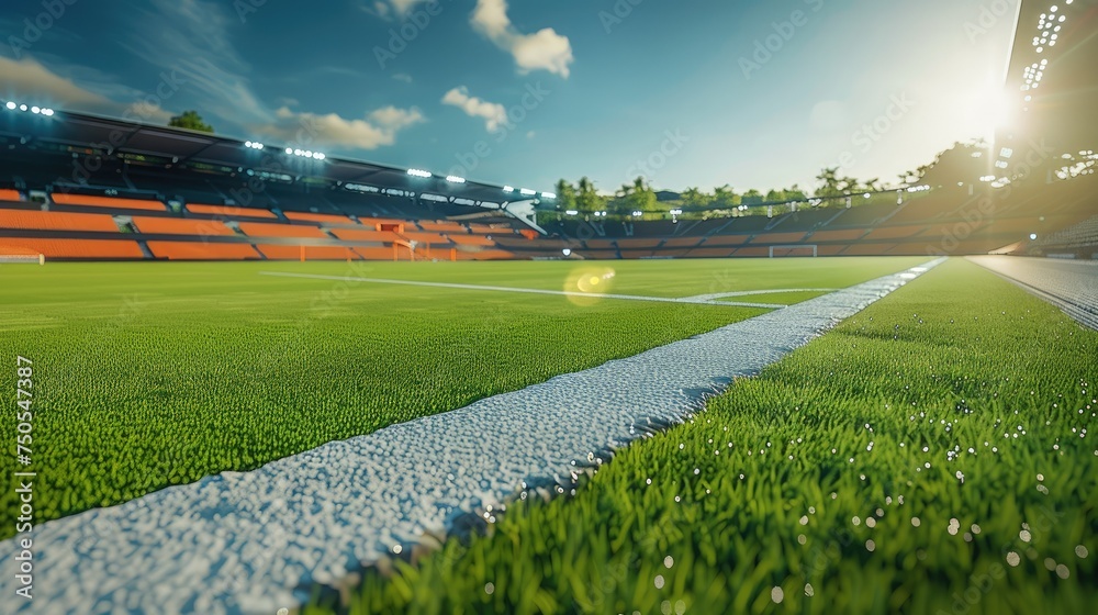 Soccer pitch, stadium seats, sunny. Generative AI. - obrazy, fototapety, plakaty 