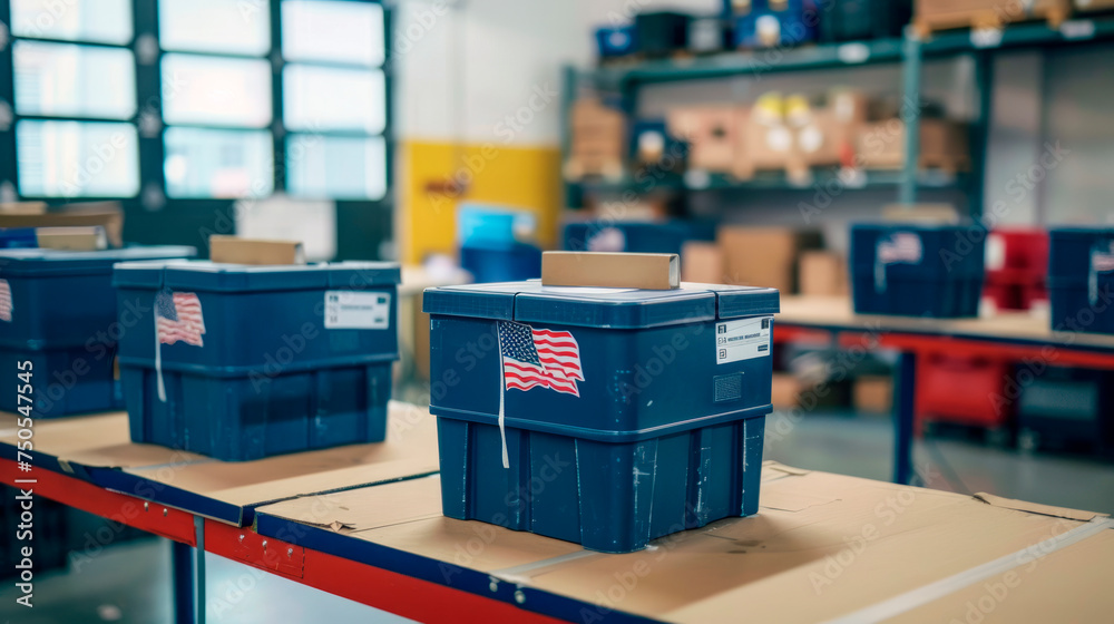 The point of distribution of social assistance to those in need. Plastic boxes standing in a row. The point of distribution of social assistance to those in need. Plastic boxes standing in a row.