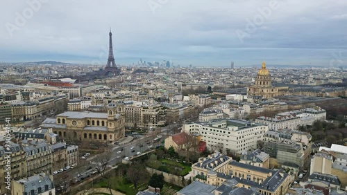 Tour Eiffel and Hotel National des Invalides, Paris cityscape, France. Aerial drone forward photo