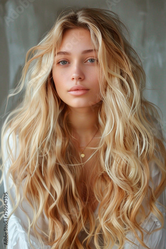 Blonde woman with long curly hair. Selective focus.
