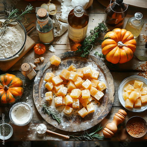 Plate with delicious homemade pumpkin sweet pastille on rustic table with ingredients, top view © VICUSCHKA