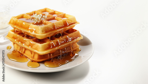 Plate with sweet waffles and syrup stands on white background © VICUSCHKA