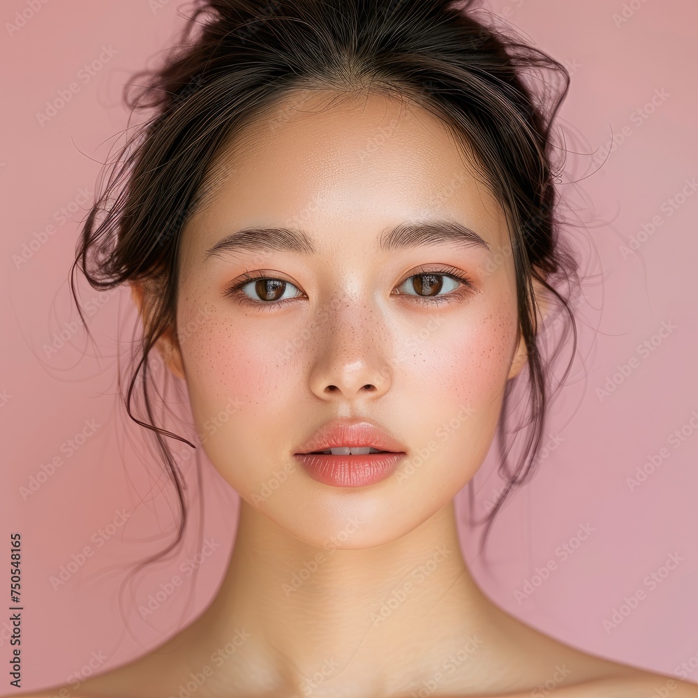 Asian skin model woman natural skin on pastel background. Generative AI. Asian skin model woman natural skin on pastel background. Generative AI.