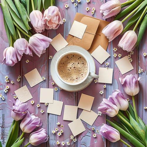 Pastel purple tulips flowers with empty cards and cup of cappuccino flat lay on pink chalk color table. Top view. Springtime lifestyle © VICUSCHKA