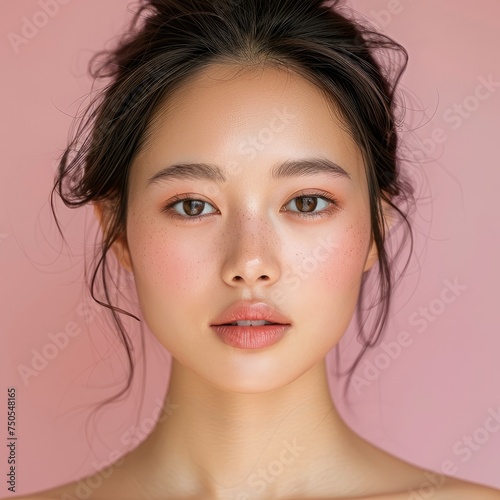 Asian skin model woman natural skin on pastel background. Generative AI.