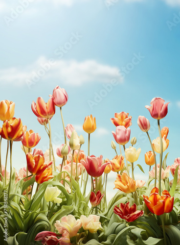 Beautiful tulips flower plant at blue sky background with sunlight. Springtime nature. Outdoor © VICUSCHKA