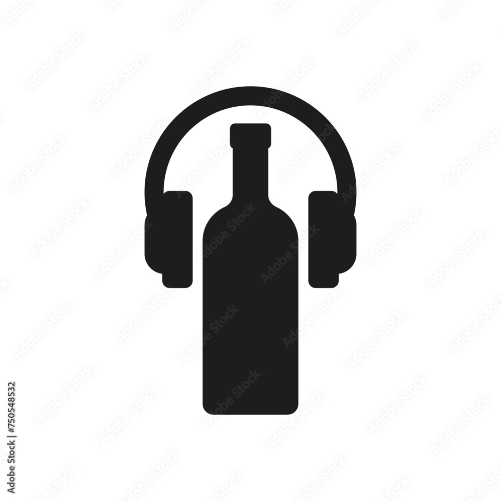 Bottle of wine with headphones. Vector silhouette. Bottle of wine with headphones. Vector silhouette.