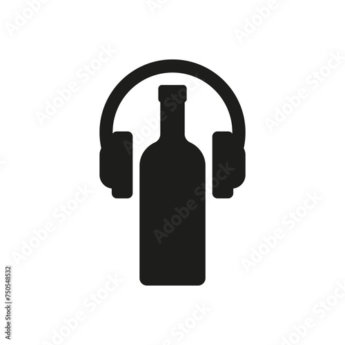 Bottle of wine with headphones. Vector silhouette.