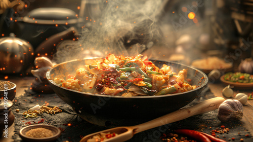 A wok filled with lots of food cooking on top of a
