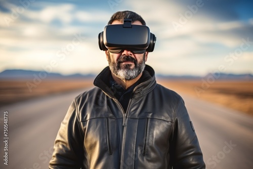 Man wearing vr glasses with blank space for adding text or graphics, modern technology concept © chelmicky