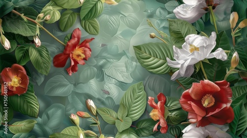 Fashion oil painting Red hibiscus flower on a dark green background, pastel flowers, peonies, roses, echeveria succulent, white hydrangea, ranunculus, anemone, and eucalyptus, design wedding bouquets. © ND STOCK