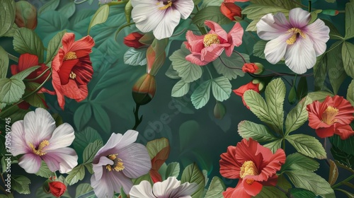 Fashion oil painting Red hibiscus flower on a dark green background, pastel flowers, peonies, roses, echeveria succulent, white hydrangea, ranunculus, anemone, and eucalyptus, design wedding bouquets. © ND STOCK