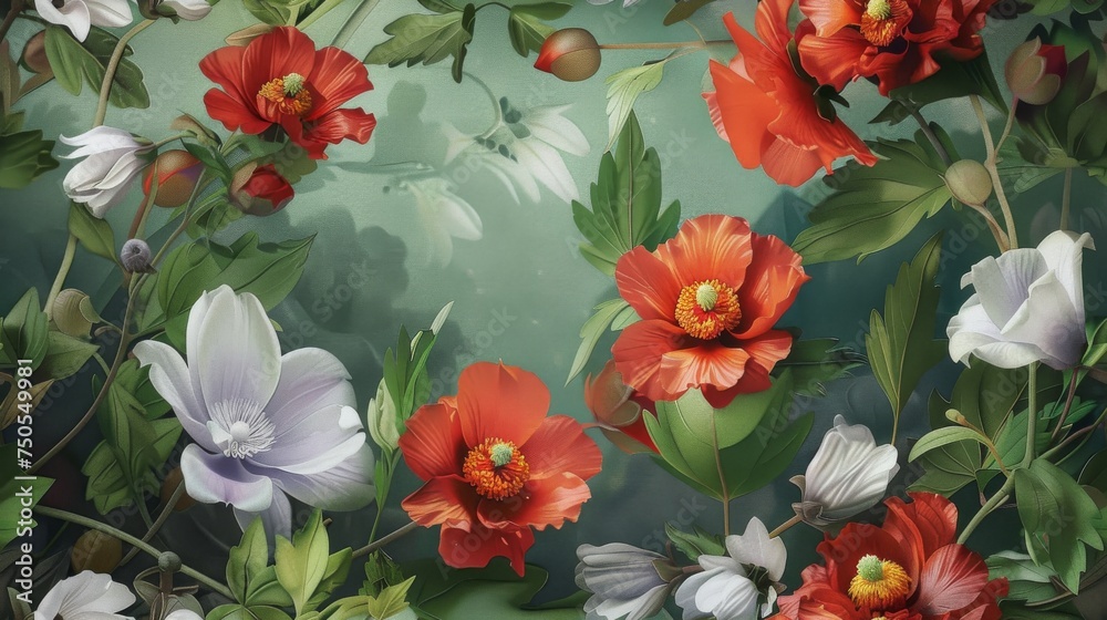 Fashion oil painting Red hibiscus flower on a dark green background, pastel flowers, peonies, roses, echeveria succulent, white hydrangea, ranunculus, anemone, and eucalyptus, design wedding bouquets. Fashion oil painting Red hibiscus flower on a dark green background, pastel flowers, peonies, roses, echeveria succulent, white hydrangea, ranunculus, anemone, and eucalyptus, design wedding bouquets.