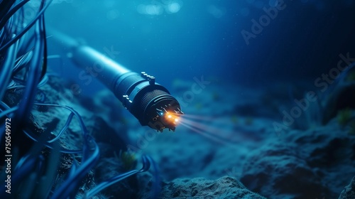 A high-tech submarine fiber-optic cable used for global underwater communication, transmitting data across oceans with high-speed internet connectivity. photo