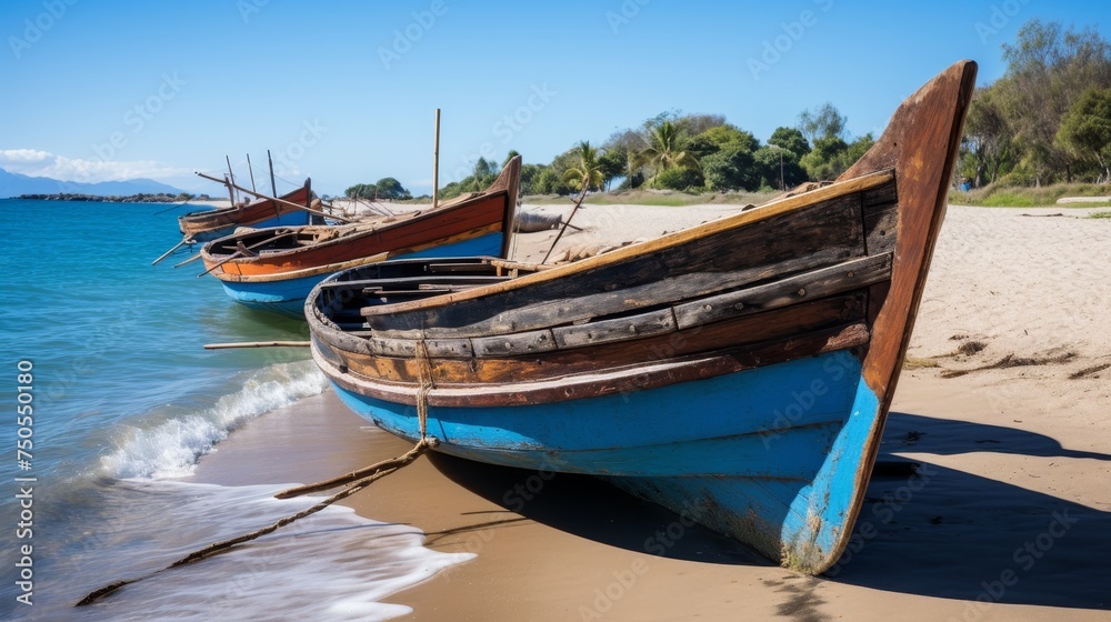 Traditional wooden boats lined up on the shore, Vacation Concept