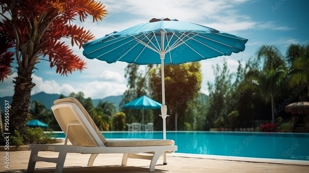 Umbrella and chair around outdoor swimming pool in resort hotel, Vacation Concept