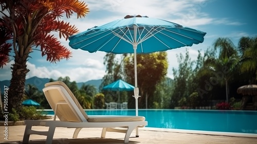 Umbrella and chair around outdoor swimming pool in resort hotel, Vacation Concept © Media Srock