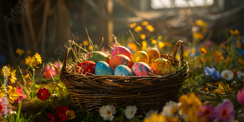 Happy Easter background concept with easter eggs in nest and spring flowers