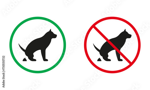 Dog Pooping Warning Sign. Pet Shitting Silhouette Icons Set. Animal Poop Allowed, Pet Defecate Prohibited Place Symbol. Isolated Vector Illustration