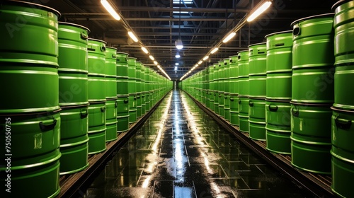 Warehouse filled with rows of green barrels photo