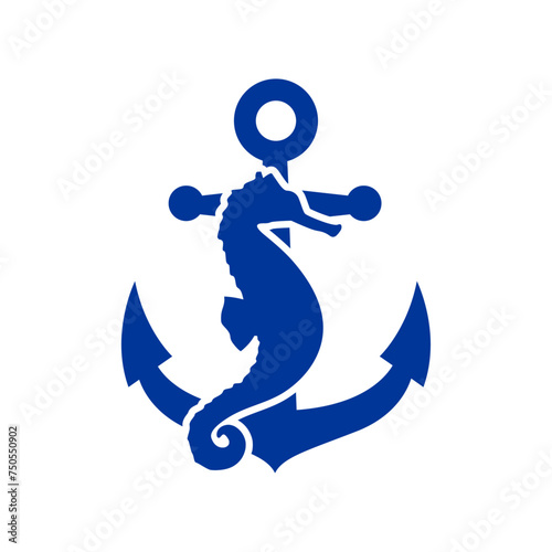 Logo Nautical. Club de yate. Silueta de caballo de mar con ancla de barco