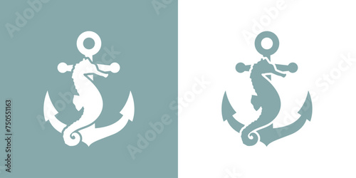 Logo Nautical. Club de yate. Silueta de caballo de mar con ancla de barco