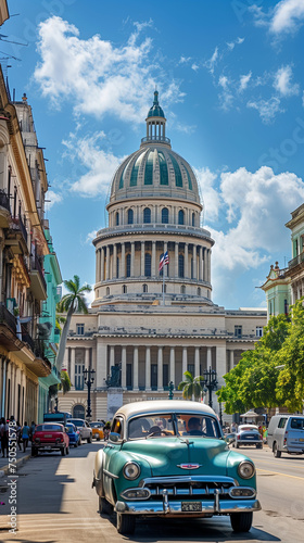Havana's Historical Landmark: The Iconic El Capitolio Building Against a Bright Blue Sky, Complemented by a Classic Vintage Car in the Foreground