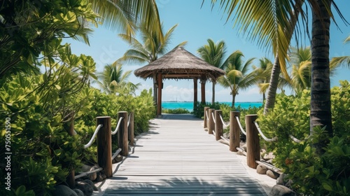 Walkway with palm trees leading to a tropical beach © Media Srock