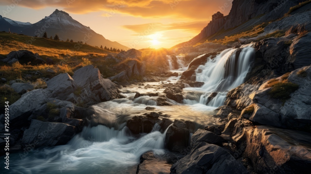 Waterfall illuminated by the golden light of sunrise in a mountainous setting
