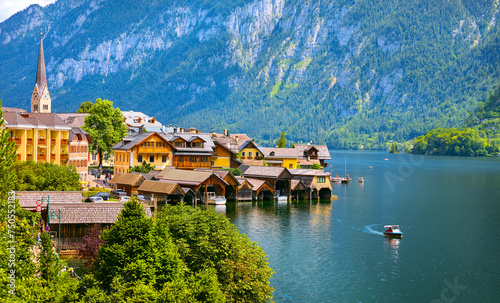 Chapel in Hallstatt old town famous landmark Austria on lake Hallstattersee among Austrian Alps mountains with green forests. Hallstatter panoramic view. Travel destination Europe. photo