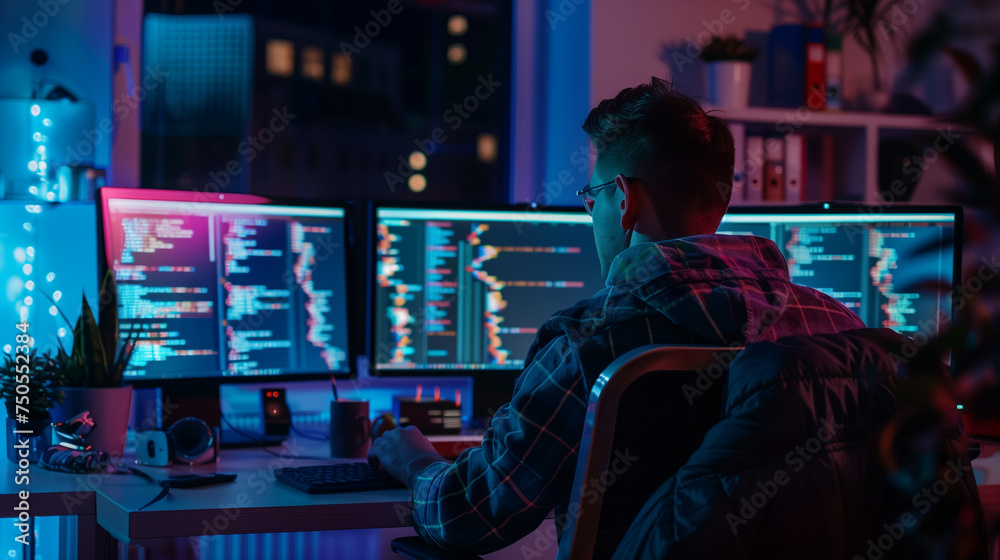 Tech Innovator at Work: Software Developer Focused on Complex Code in a Modern Office Setting with Ambient Neon Lighting and City Night Views
