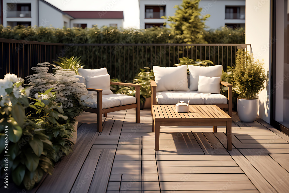  Beautiful of modern terrace with wood deck flooring and fence, green potted flowers plants and outdoors furniture. Cozy relaxing area at home. Sunny stylish balcony terrace in the city
