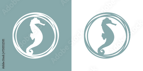 Logo vida marina. Marco circular con líneas con silueta de caballo de mar