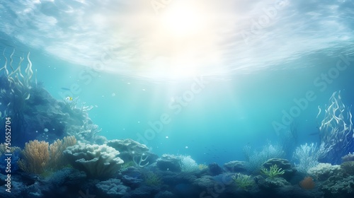 Blue decorative background with realistic underwater scene with light rays 