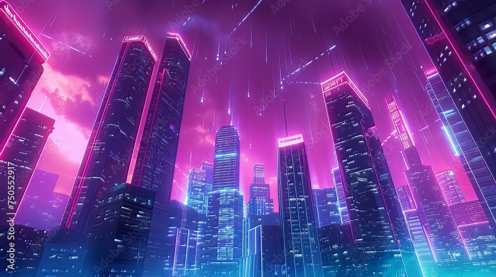 Obraz premium Neon Noir Metropolis: Immerse yourself in the Neon Noir Metropolis, where sleek skyscrapers silhouette against a neon-lit skyline, creating a futuristic cityscape that resonates with modern aesthetics
