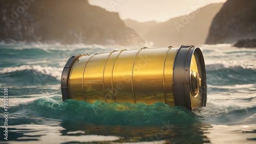 barrel of oil floating in the sea. concept of crisis in the oil and fuel world. economic collapse of hydrocarbons 