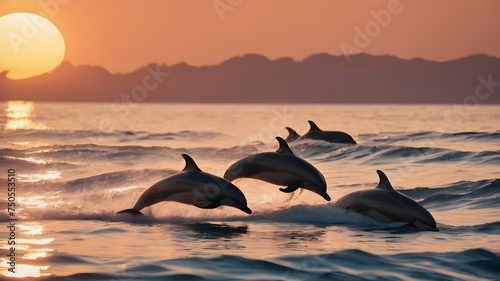 dolphins jumping into the water at sunset  © monu