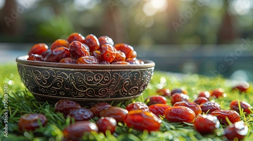 a bowl of dates next to with islamic beads on vibrant green grass