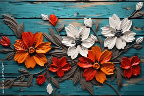 Handcrafted Floral Array on Turquoise Wooden Canvas - An Artistic Touch Generative AI