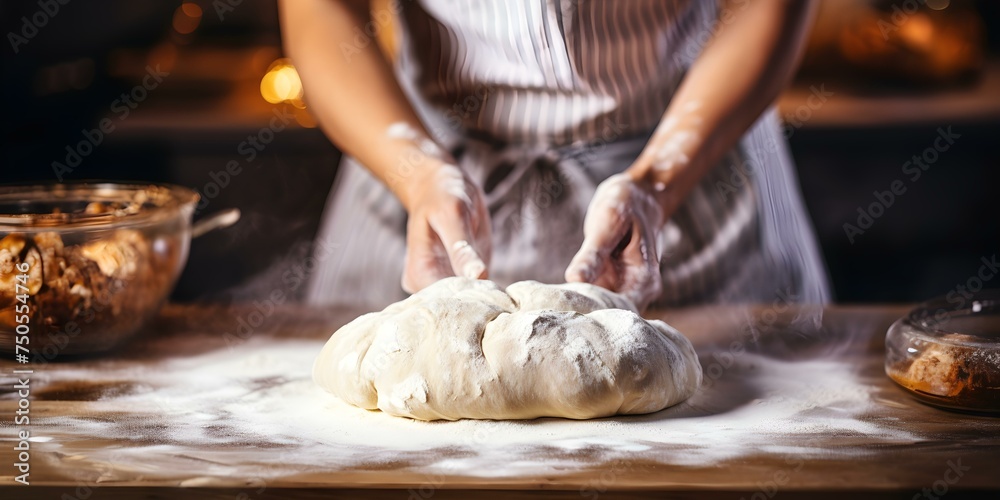 Creating Homemade Bread with Love and Joy: Woman Cheerfully Kneads Dough. Concept Baking Bread, Homemade Recipes, Joyful Cooking, Kneading Dough, Culinary Creations