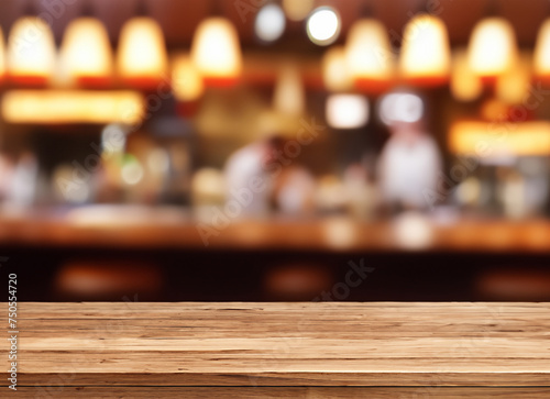 Wood table with restaurant background